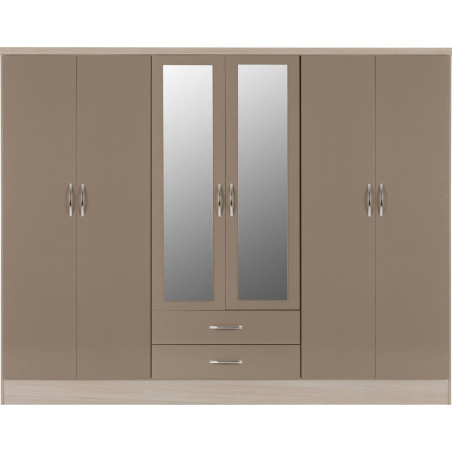 Nevada 6 Door 2 Drawer Mirrored Wardrobe 3D Effect Grey - Home Divine