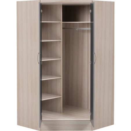Nevada 2 Door Corner Wardrobe Grey Gloss/Light Oak Effect Veneer internal