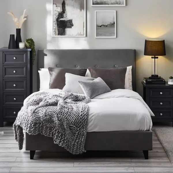 Luxury Shoreditch High Headboard Bed in Slate Grey Velvet | Home Divine