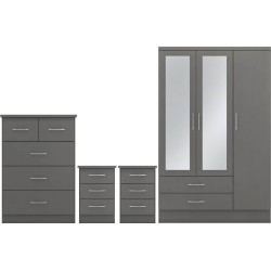 Nevada 3 Door 2 Drawer Mirrored Wardrobe Bedroom Set Grey Gloss/Light Oak Effect Veneer