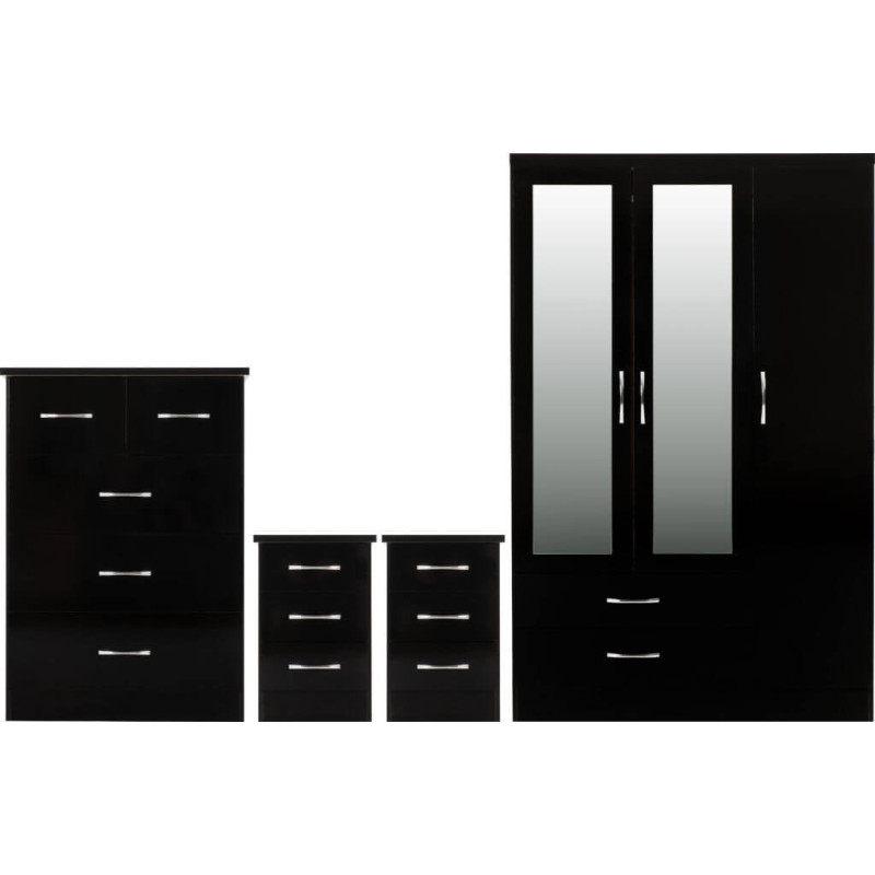 Nevada 3 Door 2 Drawer Mirrored Wardrobe Bedroom Set Grey Gloss/Light Oak Effect Veneer