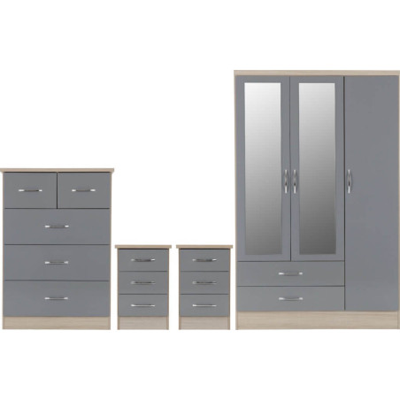 Nevada 3 Door 2 Drawer Mirrored Wardrobe Bedroom Set Grey Gloss/Light Oak Effect Veneer