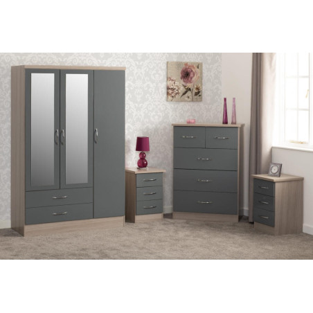 Nevada 3 Door 2 Drawer Mirrored Wardrobe Bedroom Set Grey Gloss/Light Oak Effect Veneer