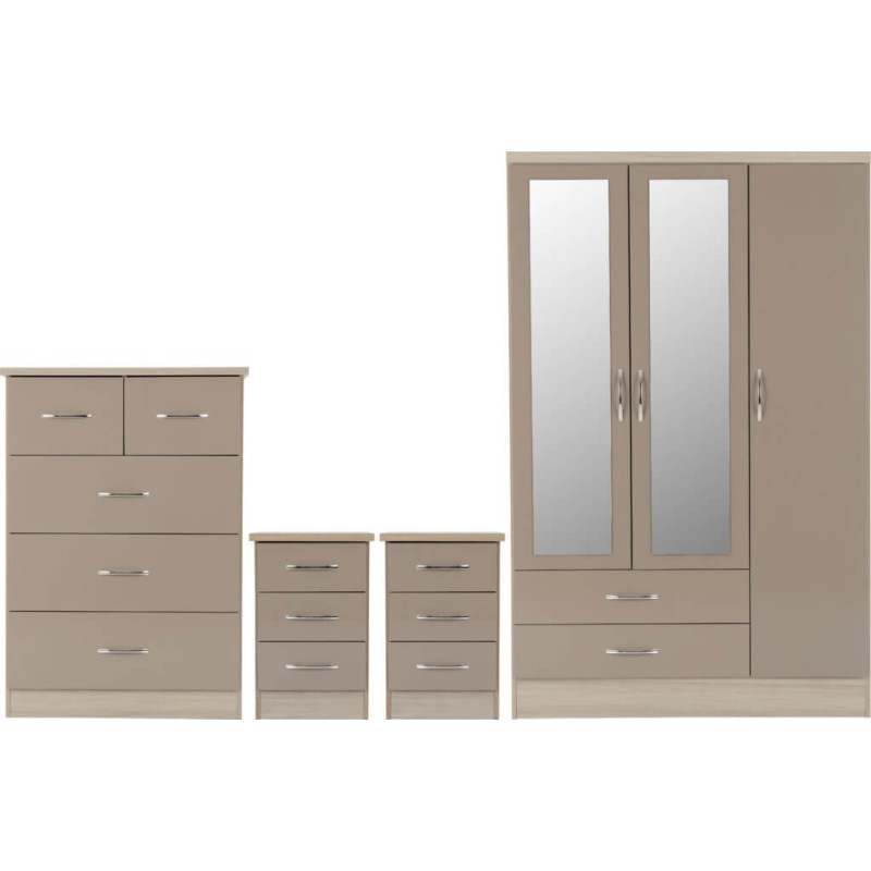 Nevada 3 Door 2 Drawer Mirrored Wardrobe Bedroom Set Grey Gloss/Light Oak Effect Veneer