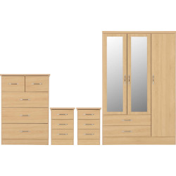 Nevada 3 Door 2 Drawer Mirrored Wardrobe Bedroom Set Grey Gloss/Light Oak Effect Veneer