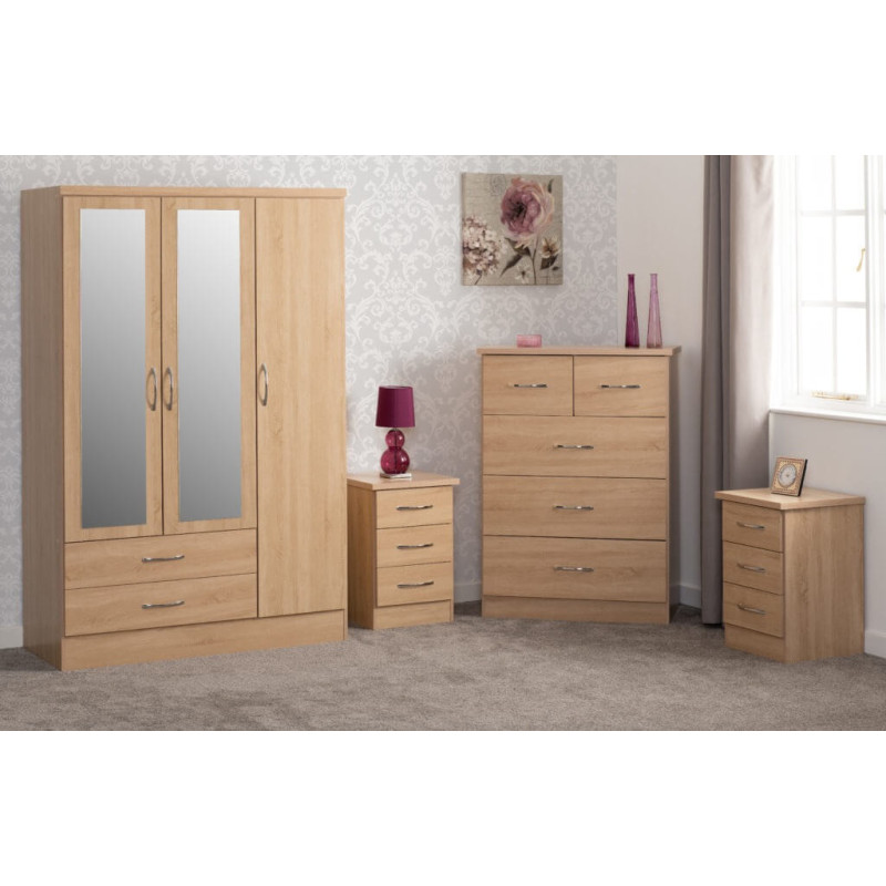 Nevada 3 Door 2 Drawer Mirrored Wardrobe Bedroom Set Grey Gloss/Light Oak Effect Veneer