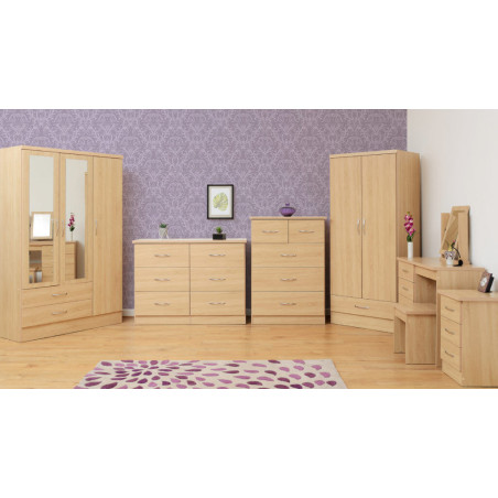 Nevada 3 Door 2 Drawer Mirrored Wardrobe Bedroom Set Grey Gloss/Light Oak Effect Veneer