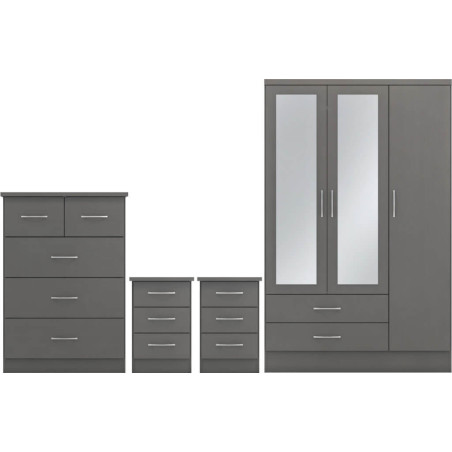 Nevada 3 Door 2 Drawer Mirrored Wardrobe Bedroom Set Oyster Gloss/Light Oak Effect Veneer