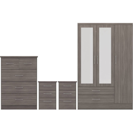 Nevada 3 Door 2 Drawer Mirrored Wardrobe Bedroom Set Oyster Gloss/Light Oak Effect Veneer