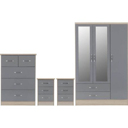 Nevada 3 Door 2 Drawer Mirrored Wardrobe Bedroom Set Oyster Gloss/Light Oak Effect Veneer