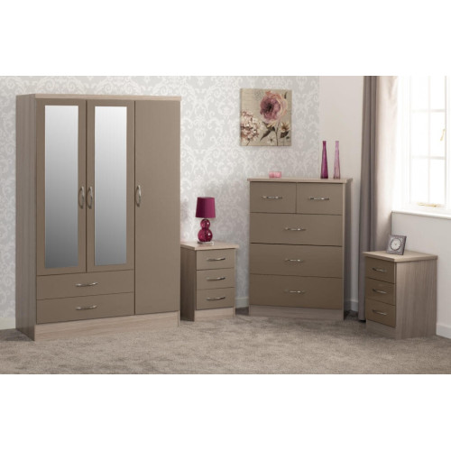 Nevada 3 Door 2 Drawer Mirrored Wardrobe Bedroom Set Oyster Gloss/Light Oak Effect Veneer