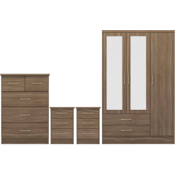 Nevada 3 Door 2 Drawer Mirrored Wardrobe Bedroom Set Oyster Gloss/Light Oak Effect Veneer