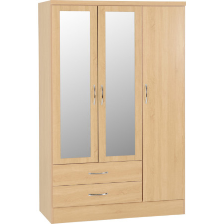 Nevada 3 Door 2 Drawer Mirrored Wardrobe Bedroom Set Oyster Gloss/Light Oak Effect Veneer