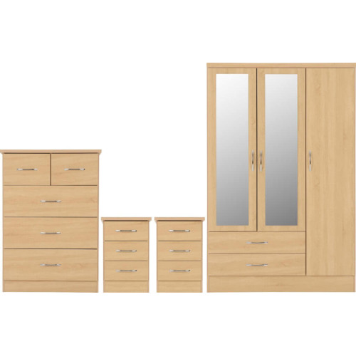 Nevada 3 Door 2 Drawer Mirrored Wardrobe Bedroom Set Sonoma Oak Effect