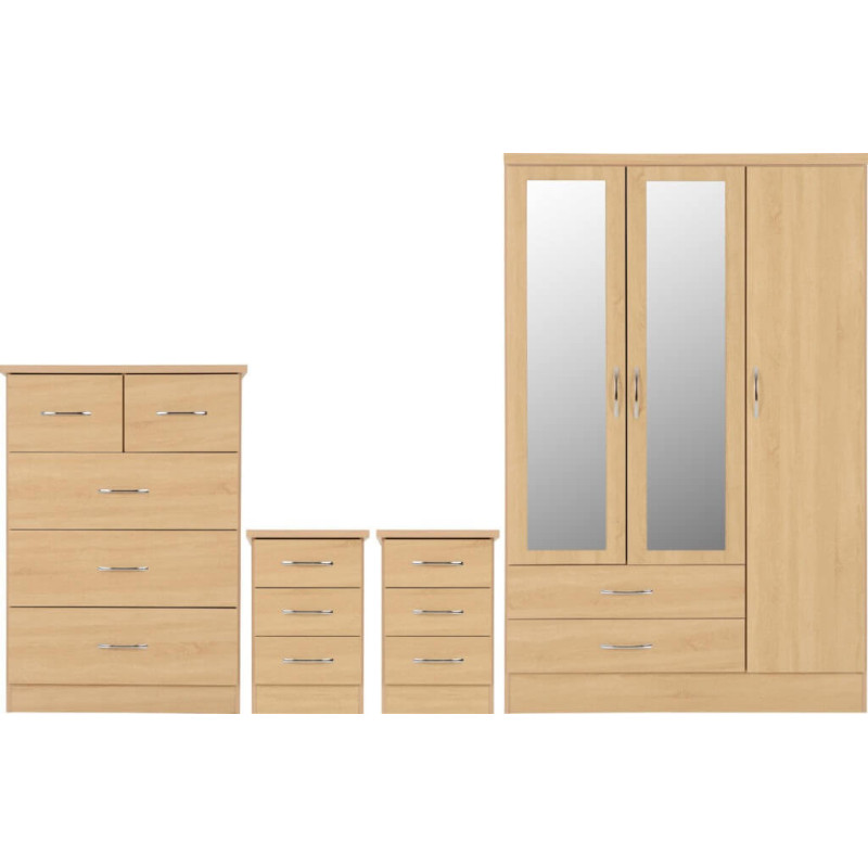 Nevada 3 Door 2 Drawer Mirrored Wardrobe Bedroom Set Sonoma Oak Effect