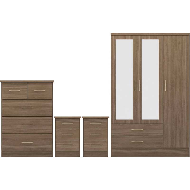 Nevada 3 Door 2 Drawer Mirrored Wardrobe Bedroom Set Rustic Oak Effect