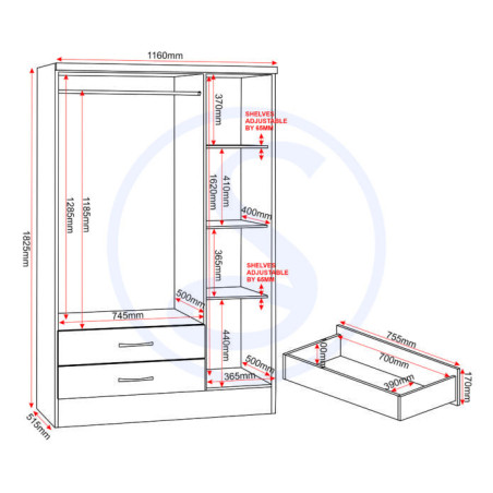 Nevada 3 Door 2 Drawer Mirrored Wardrobe Bedroom Set White Gloss