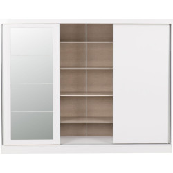 white sliding wardrobe with mirror and shelves with open