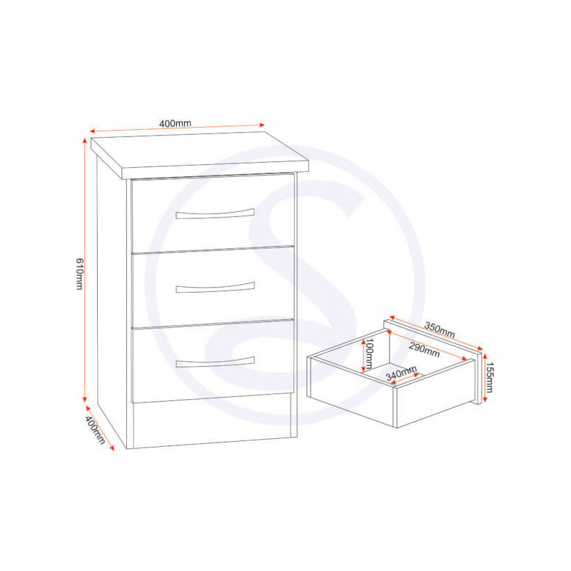 Nevada 3 Drawer Bedside Chest White Gloss - Home Divine