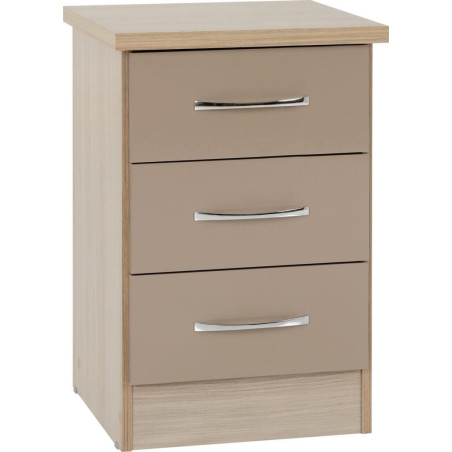 Nevada 3 Drawer Bedside Chest Oyster Gloss/Light Oak Effect Veneer