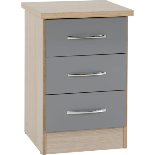 Nevada 3 Drawer Bedside Chest Grey Gloss/Light Oak Effect Veneer