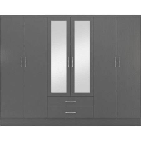 Nevada 6 Door 2 Drawer Mirrored Wardrobe Black Wood Grain - Home Divine