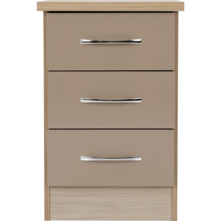 Nevada 3 Drawer Bedside Chest Grey Gloss/Light Oak Effect Veneer