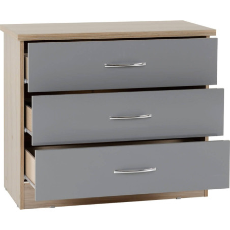 Nevada 3 Drawer Chest grey gloss/light oak effect veneer opened