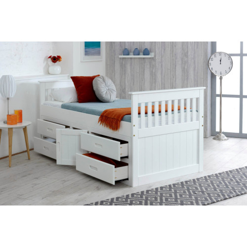 Captains Single White Wooden Storage Bed with Drawers opened