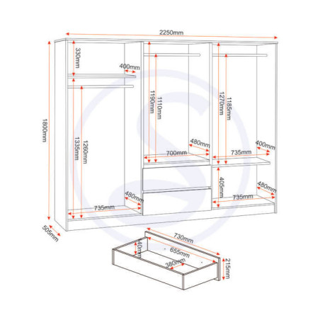 Malvern 6 Door 2 Drawer Wardrobe Urban Snow dimensional view
