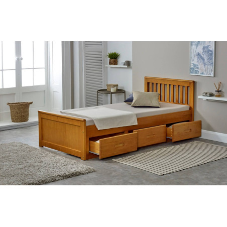 Mission 3FT Single Wooden Storage Bed Frame honey drawer opened