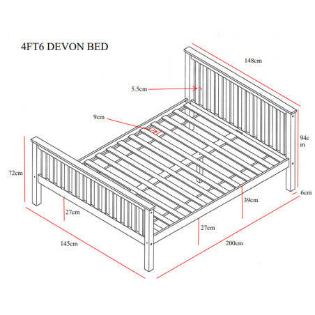 Devon Double 4ft 6Inch Wooden Bed Frame White dimensions