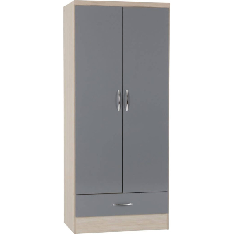 Nevada 2 Door 1 Drawer Wardrobe grey gloss/light oak effect veneer