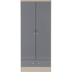 Nevada 2 Door 1 Drawer Wardrobe grey gloss/light oak effect veneer front
