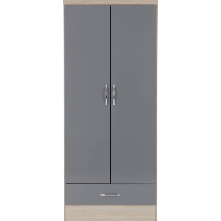 Nevada 2 Door 1 Drawer Wardrobe grey gloss/light oak effect veneer front