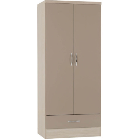 Nevada 2 Door 1 Drawer Wardrobe oyster gloss/light oak effect veneer