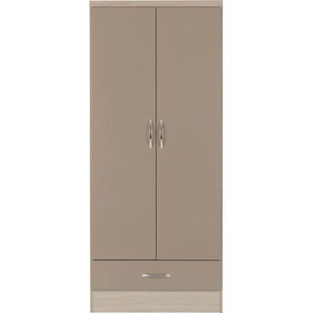 Nevada 2 Door 1 Drawer Wardrobe oyster gloss/light oak effect veneer front