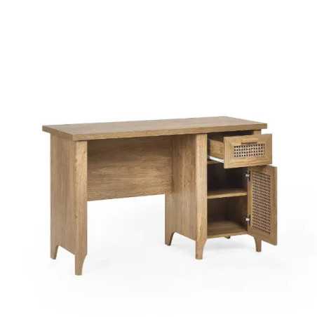Sydney Oak Veneer Study Desk - Rattan Effect Sticker Front - Home Divine