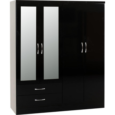 Nevada 4 Door 2 Drawer Mirrored Wardrobe black gloss