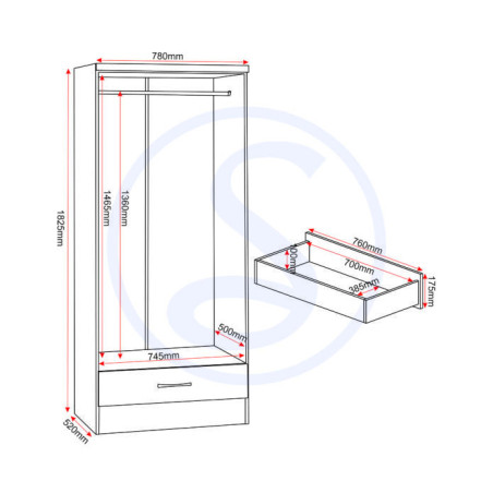 Nevada 2 Door 1 Drawer Wardrobe dimensional view