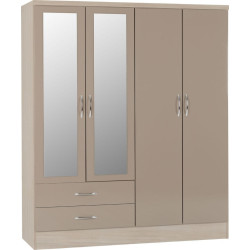 Nevada 4 Door 2 Drawer Mirrored Wardrobe oyster gloss light/oak effect veneer