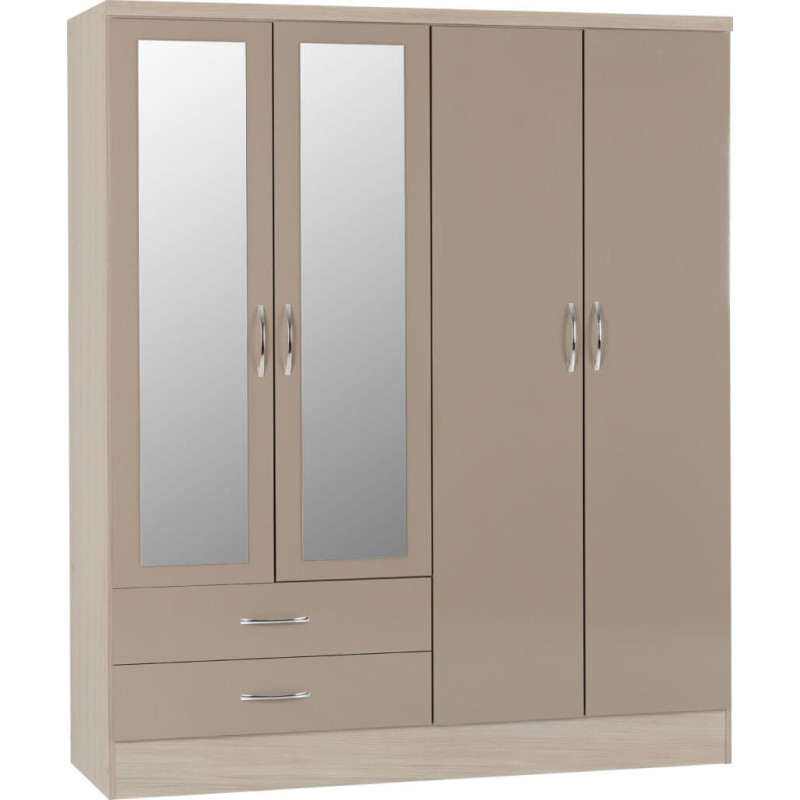 Nevada 4 Door 2 Drawer Mirrored Wardrobe oyster gloss light/oak effect veneer