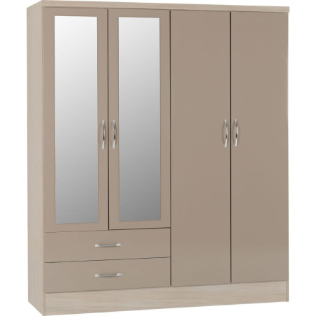 Nevada 4 Door 2 Drawer Mirrored Wardrobe oyster gloss light/oak effect veneer
