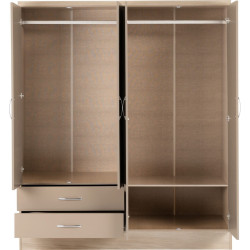 Nevada 4 Door 2 Drawer Mirrored Wardrobe oyster gloss light/oak effect veneer internal