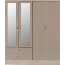 Nevada 4 Door 2 Drawer Mirrored Wardrobe oyster gloss light/oak effect veneer front
