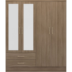 Nevada 4 Door 2 Drawer Mirrored Wardrobe rustic oak effect front