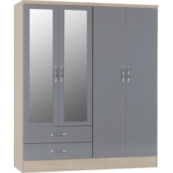 Nevada 4 Door 2 Drawer Mirrored Wardrobe grey gloss/light oak effect veneer