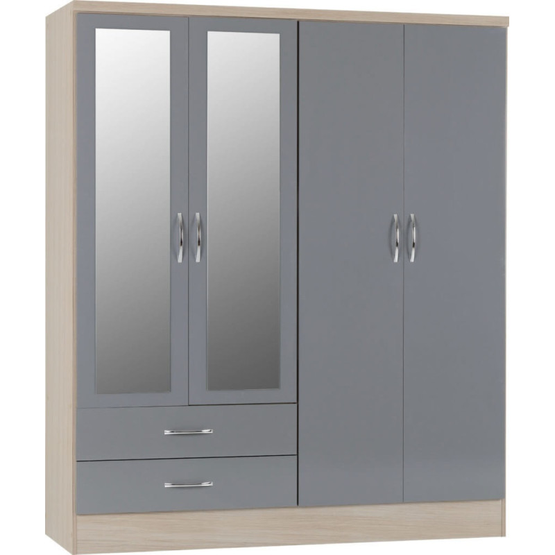 Nevada 4 Door 2 Drawer Mirrored Wardrobe grey gloss/light oak effect veneer