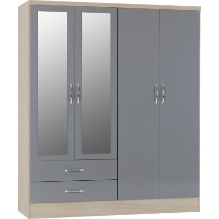 Nevada 4 Door 2 Drawer Mirrored Wardrobe grey gloss/light oak effect veneer