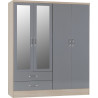 Nevada 4 Door 2 Drawer Mirrored Wardrobe grey gloss/light oak effect veneer
